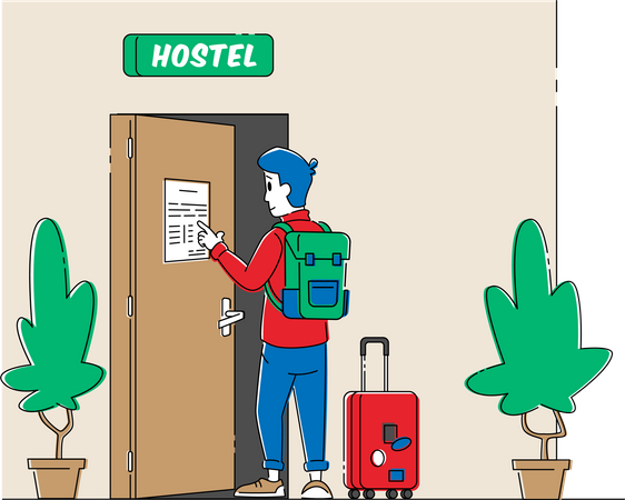 Tourist mit Gepäck liest Notizen oder Regeln in der Hostel-Lobby  Illustration