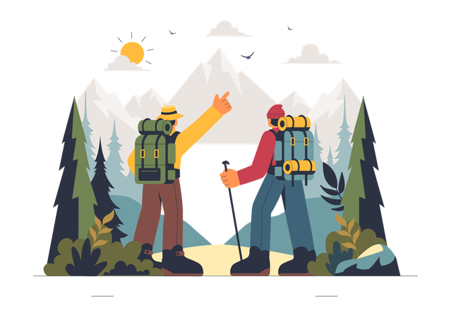 Tourist people enjoys mountain climbing  Illustration