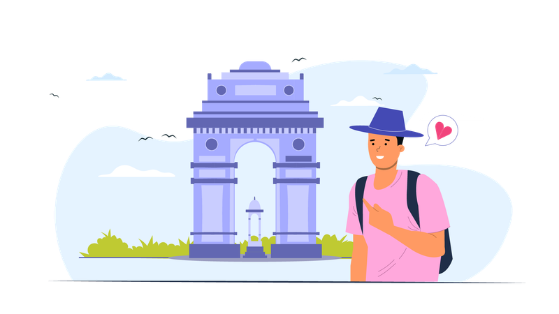 Tourist pointing India gate  Illustration