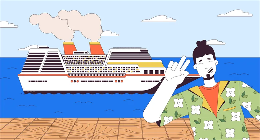 Tourist Posing In Front Of Cruise Ship Cartoon Flat Illustration Selfie Taking Traveler Caucasian Man On Pier 2 D Line Character Colorful Background Waterfront Boat Scene Vector Storytelling Image イラスト