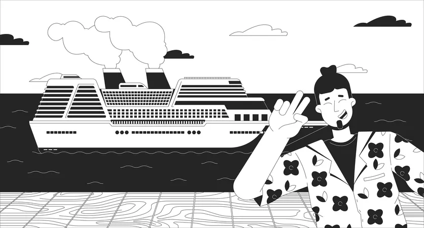 Tourist Posing In Front Of Cruise Ship Black And White Line Illustration Selfie Taking Traveler Caucasian Man On Pier 2 D Character Monochrome Background Waterfront Boat Outline Scene Vector Image イラスト