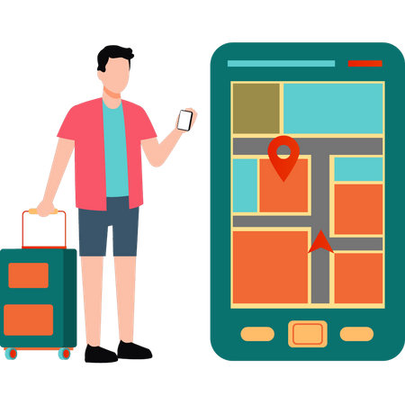 Tourist searching location on mobile map  Illustration