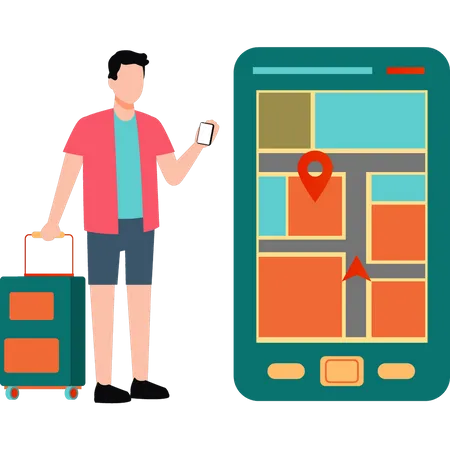 Tourist searching location on mobile map  Illustration