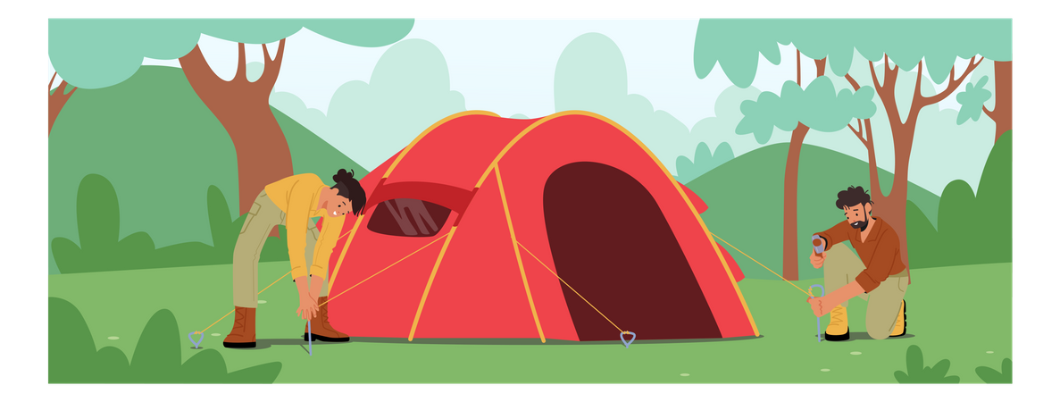 Tourist setting up tent at campsite  Illustration