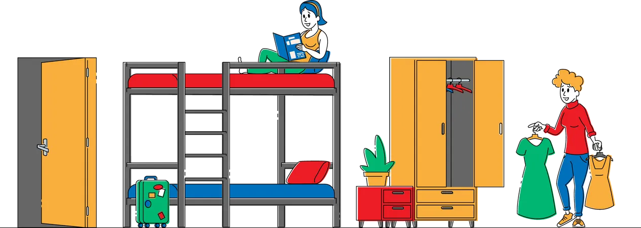Young Female Characters Living In Hostel Girl Reading Books Sitting On Bunk Bed Roommate Choose Dress For Walking Cheap Accommodation For Students And Tourists Linear People Vector Illustration Illustration