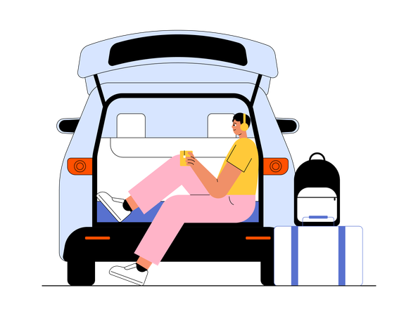 車のトランクに座っている観光客  イラスト