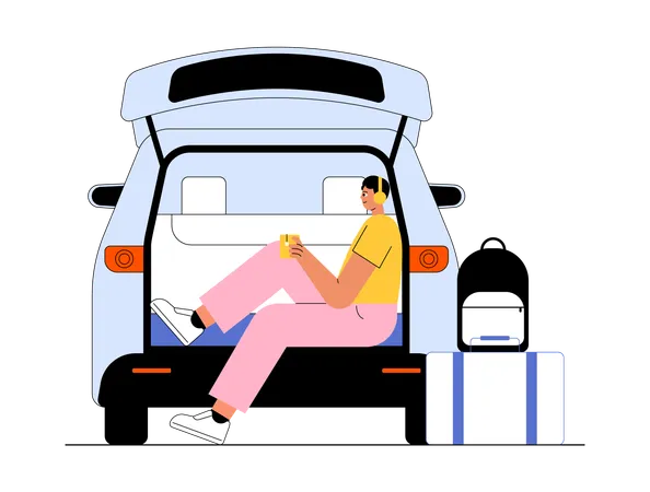 車のトランクに座っている観光客  イラスト