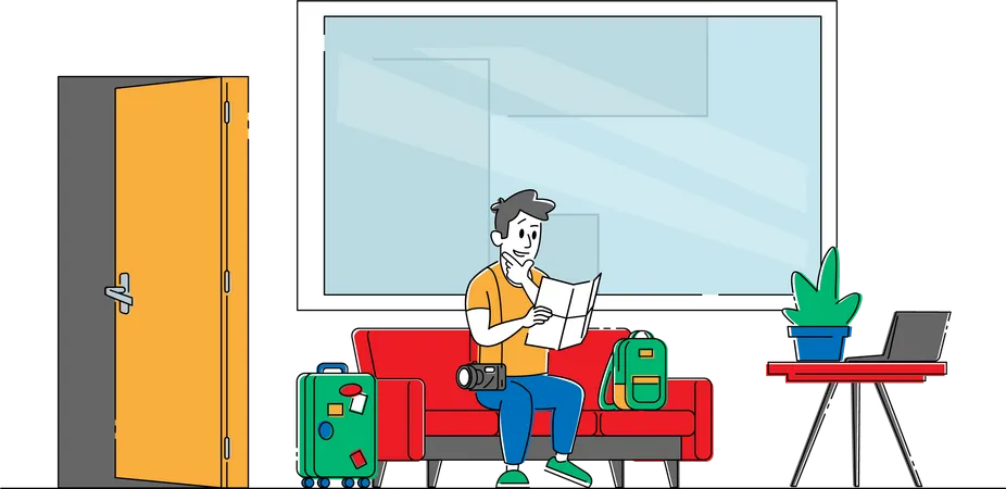 Tourist sitting on couch inside hotel room Illustration