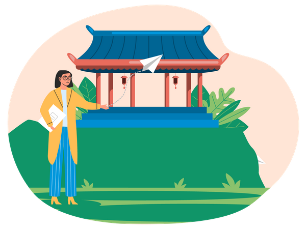 Tourist stands next to wooden temple Illustration