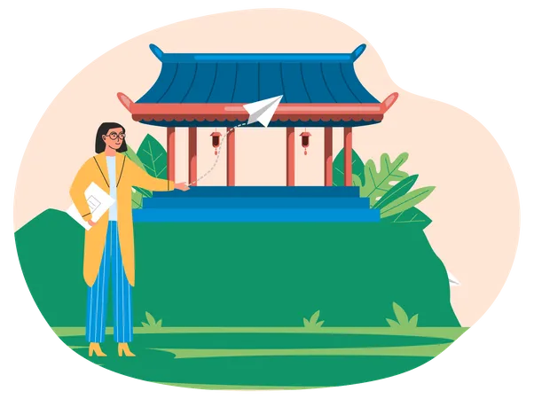 Tourist stands next to wooden temple Illustration