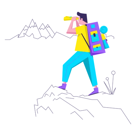 Tourist stands on top of mountain Illustration