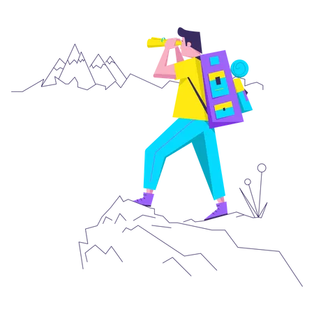 Tourist stands on top of mountain  Illustration