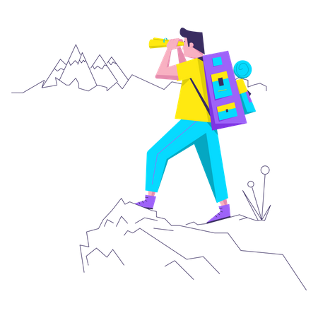 Tourist stands on top of mountain  일러스트레이션