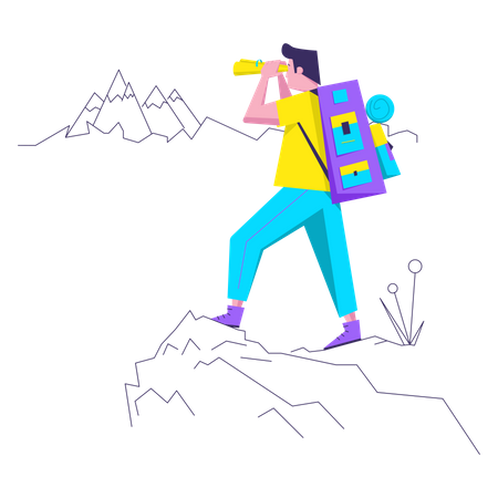Tourist steht auf dem Gipfel des Berges  Illustration