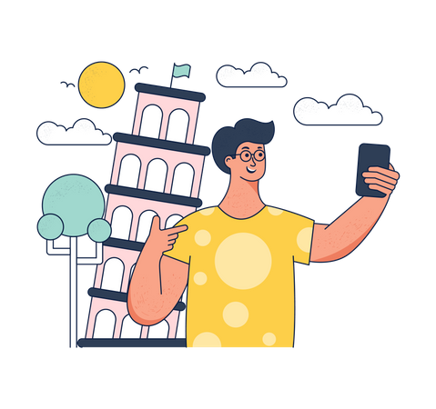 Tourist take selfie at Leaning Tower of Pisa  Illustration