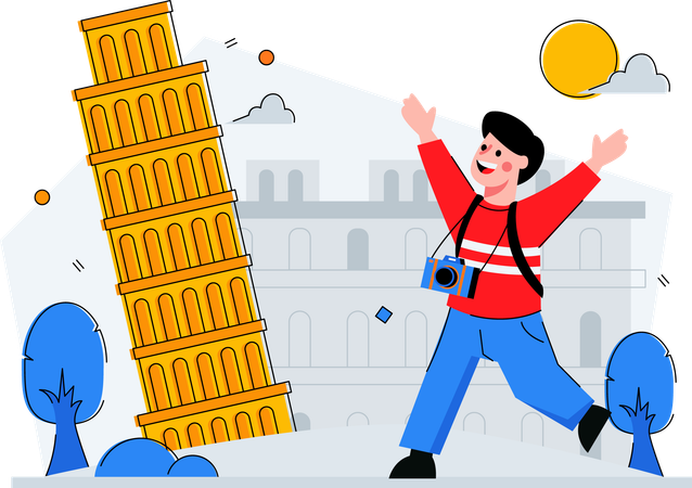 ピサの斜塔の写真を撮る観光客  イラスト