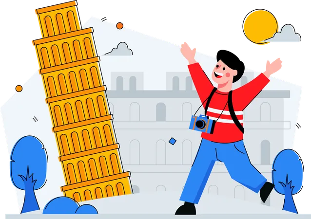 ピサの斜塔の写真を撮る観光客  イラスト