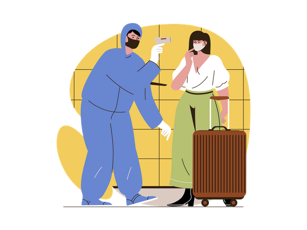 Tourist temperature checking using temperature gun  Illustration