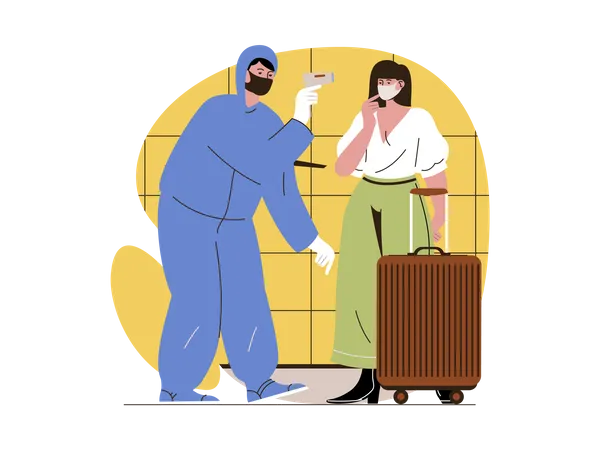 Tourist temperature checking using temperature gun  Illustration