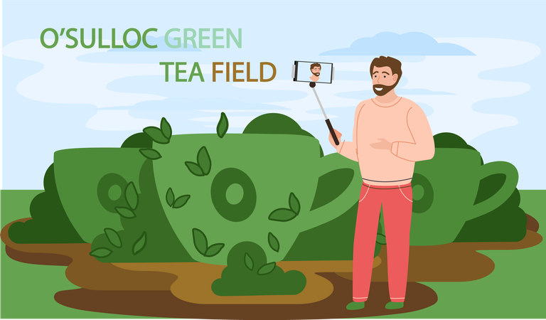 Tourist travelling in tea field  Illustration