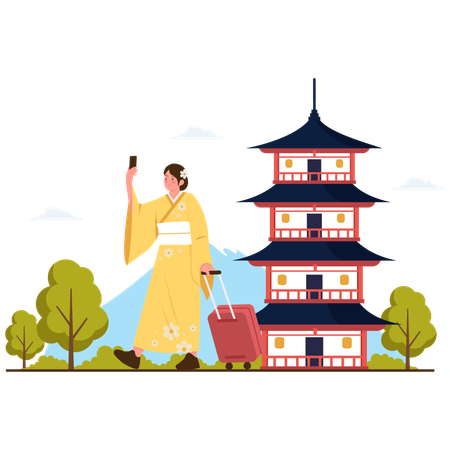 Tourist visiting Japan Temple  Illustration