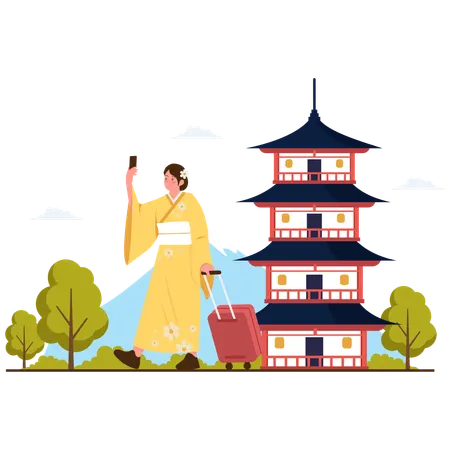 Tourist visiting Japan Temple  Illustration