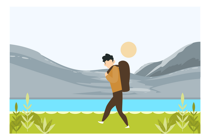 Tourist Walking Near The River Illustration