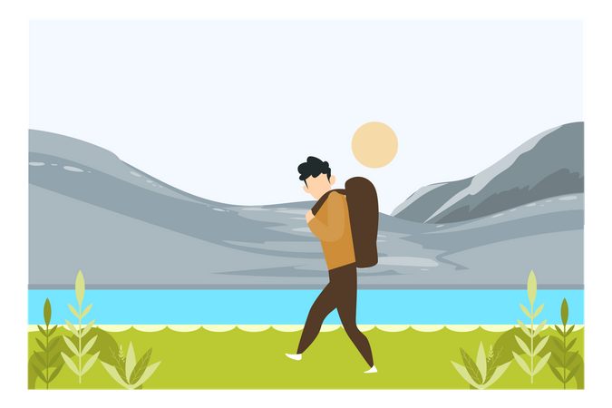 Tourist Walking Near The River  Illustration