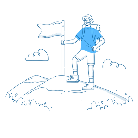 Tourist with backpack and climbing to top of mountain and holding the flag  Illustration