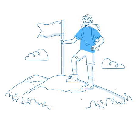 Tourist with backpack and climbing to top of mountain and holding the flag  일러스트레이션