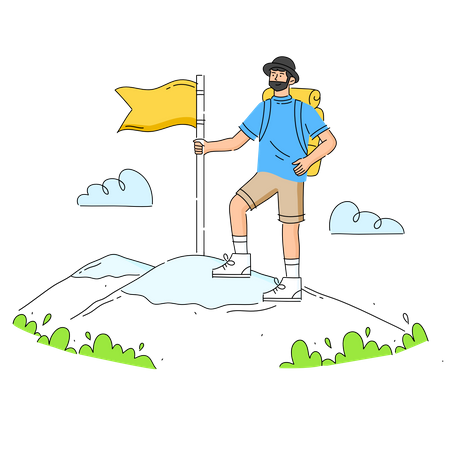 Tourist with backpack and climbing to top of mountain and holding the flag  일러스트레이션