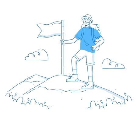 Tourist with backpack and climbing to top of mountain and holding the flag  Illustration