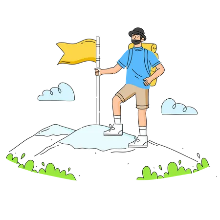 Tourist with backpack and climbing to top of mountain and holding the flag  Illustration