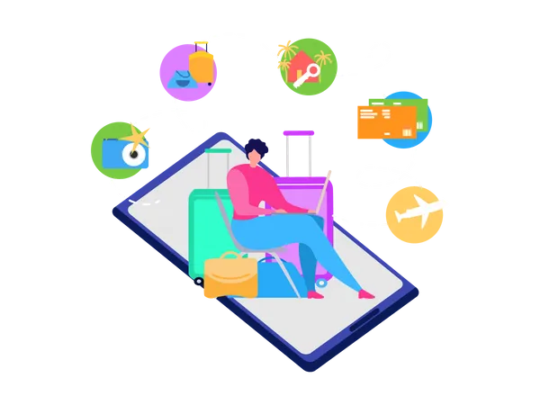Tourist with Baggage Using Laptop to Chose and Order Travel Agency Services, Booking Airline Tickets Online, Reserving Hotel Room in Internet Illustration