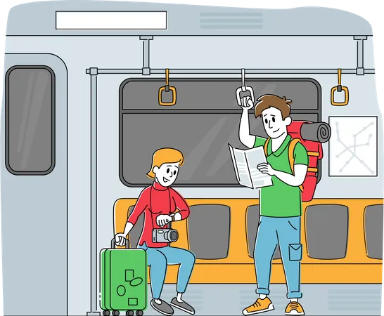 Tourist with Luggage and Using Map in Subway Train Illustration