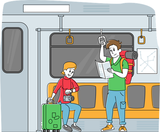 Tourist with Luggage and Using Map in Subway Train  Illustration