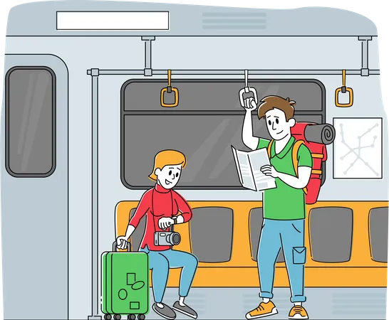 Tourist with Luggage and Using Map in Subway Train  Illustration