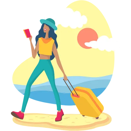 Tourist with Luggage on beach  Illustration