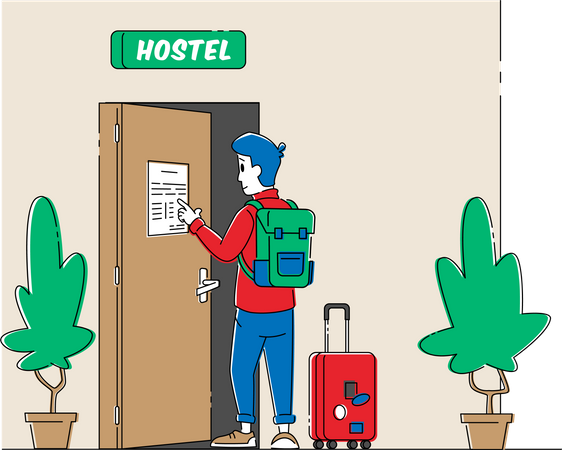 Tourist with Luggage Reading Notes or Rules in Hostel Lobby Illustration