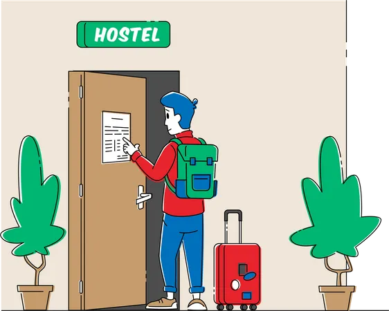 Tourist with Luggage Reading Notes or Rules in Hostel Lobby  Illustration