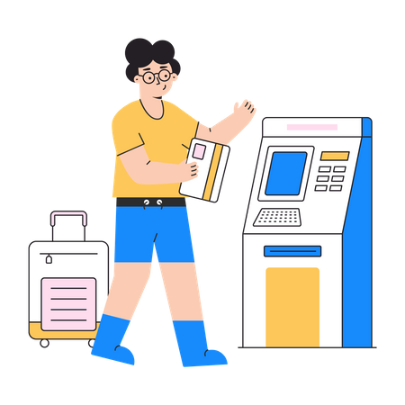 Tourist withdraw money at atm  Illustration