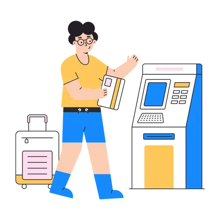 Tourist withdraw money at atm  Illustration