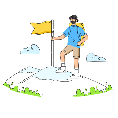 Touriste avec sac à dos et grimpant au sommet de la montagne et tenant le drapeau  Illustration