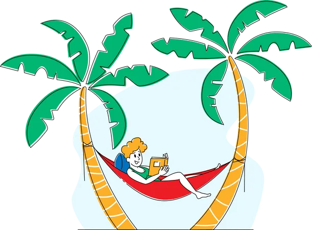 Femme touristique se détendant sur un complexe exotique allongé dans un hamac suspendu à des palmiers et lisant un livre  Illustration