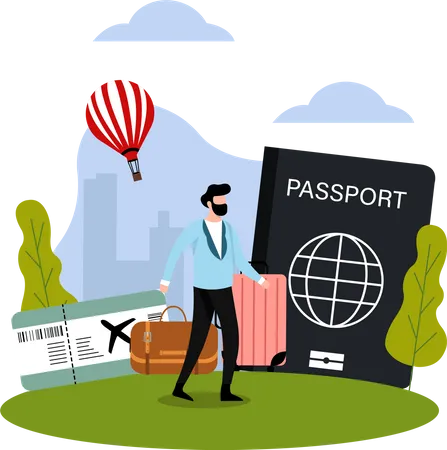 Touriste masculin avec bagages et passeport  Illustration