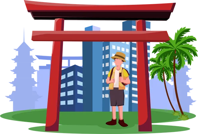 Touriste masculin allant en vacances au Japon  Illustration