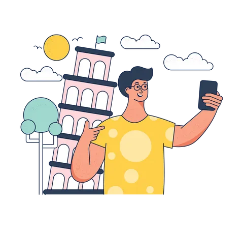 Un touriste prend un selfie à la Tour Penchée de Pise  Illustration