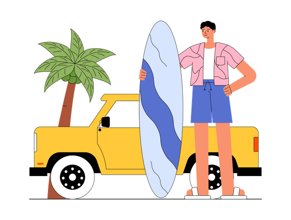 Un touriste profite de la plage tout en surfant  Illustration