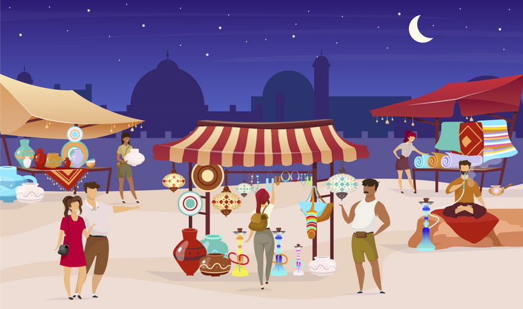 Touristen auf dem türkischen Basar in der Nacht  Illustration