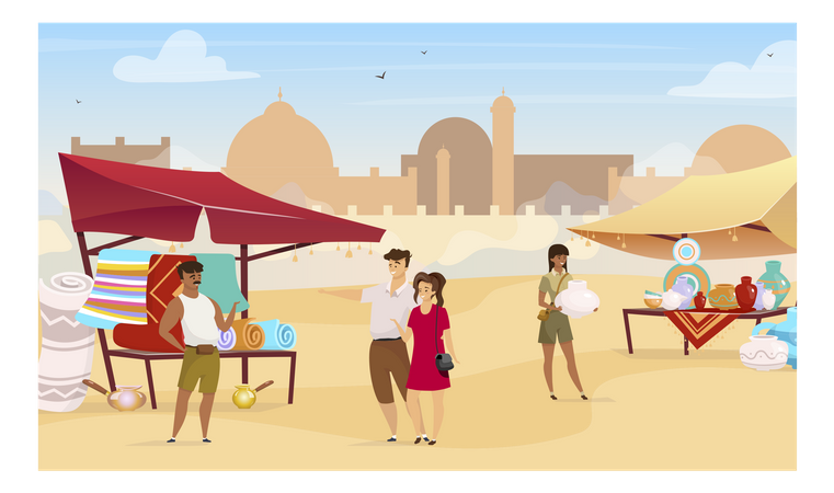 Touristen besuchen den ägyptischen Basar  Illustration